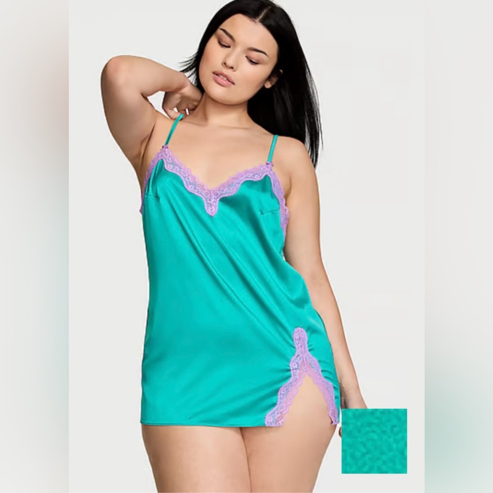 Victoria Secret Tease Satin Lace-Trim Slip - M - Teal - NWT